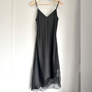 Wilfred black silk slip dress with lace detail